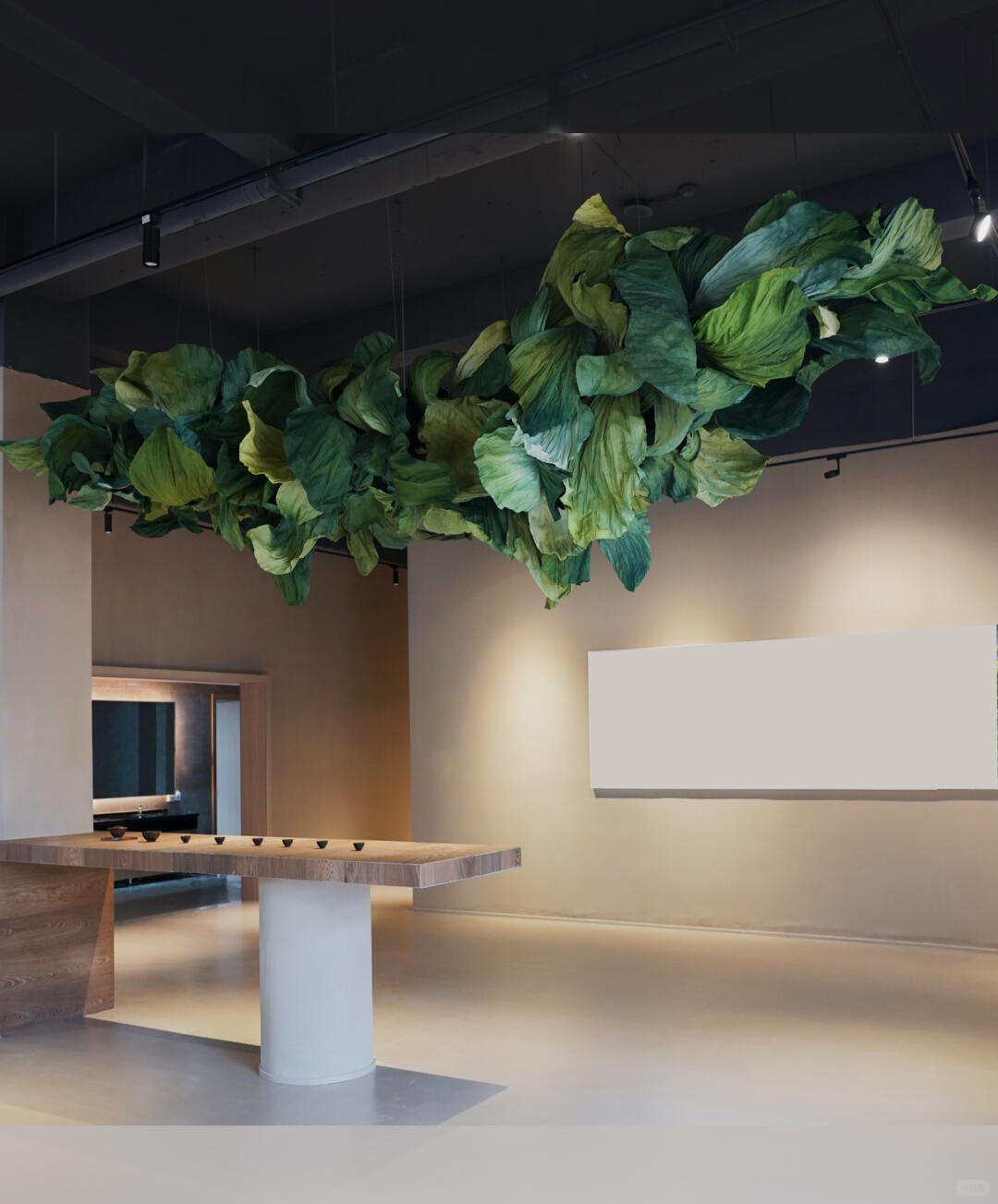 Emerald Sprouting | Tea-Themed Art Installation | Large-Scale Green Paper Ceiling Installation| Installation art lostpeach